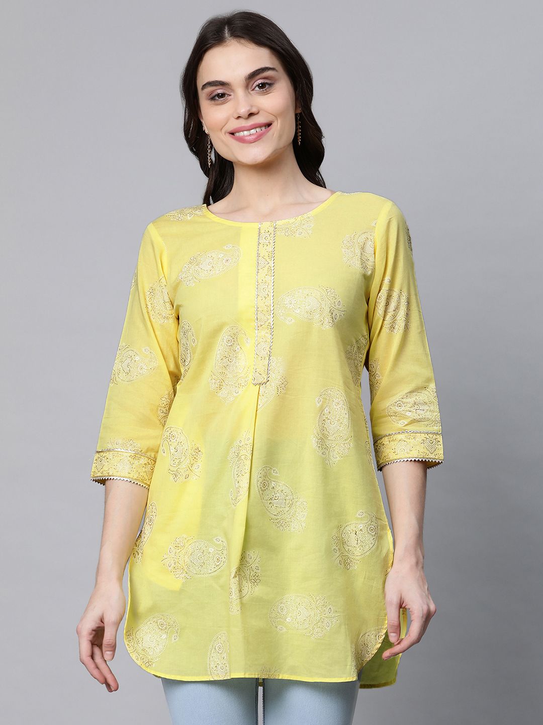 Yellow Pure Cotton Glitter Print Tunic