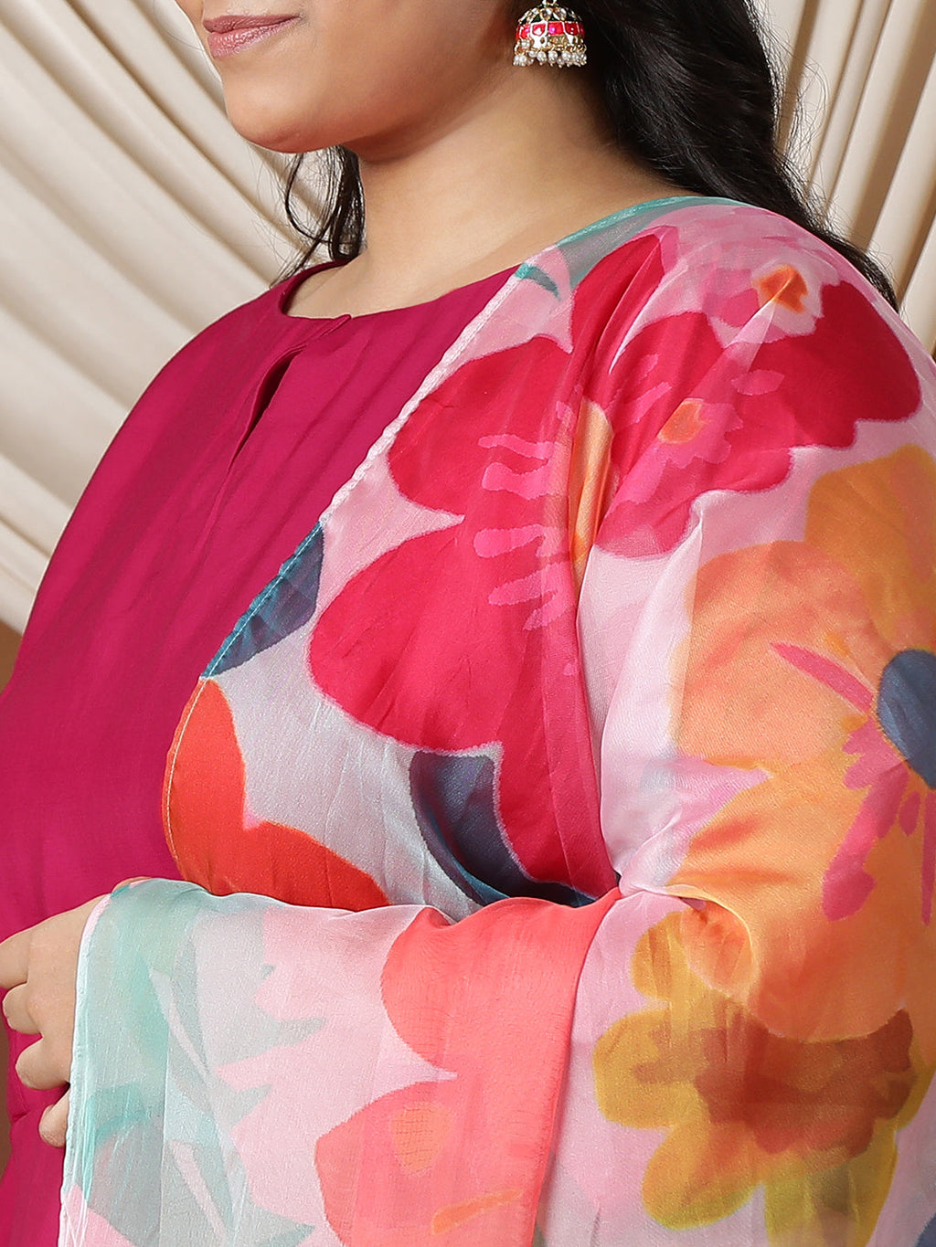 Keyhole Neck Regular A-Line Kurta With Trousers & Dupatta - ID