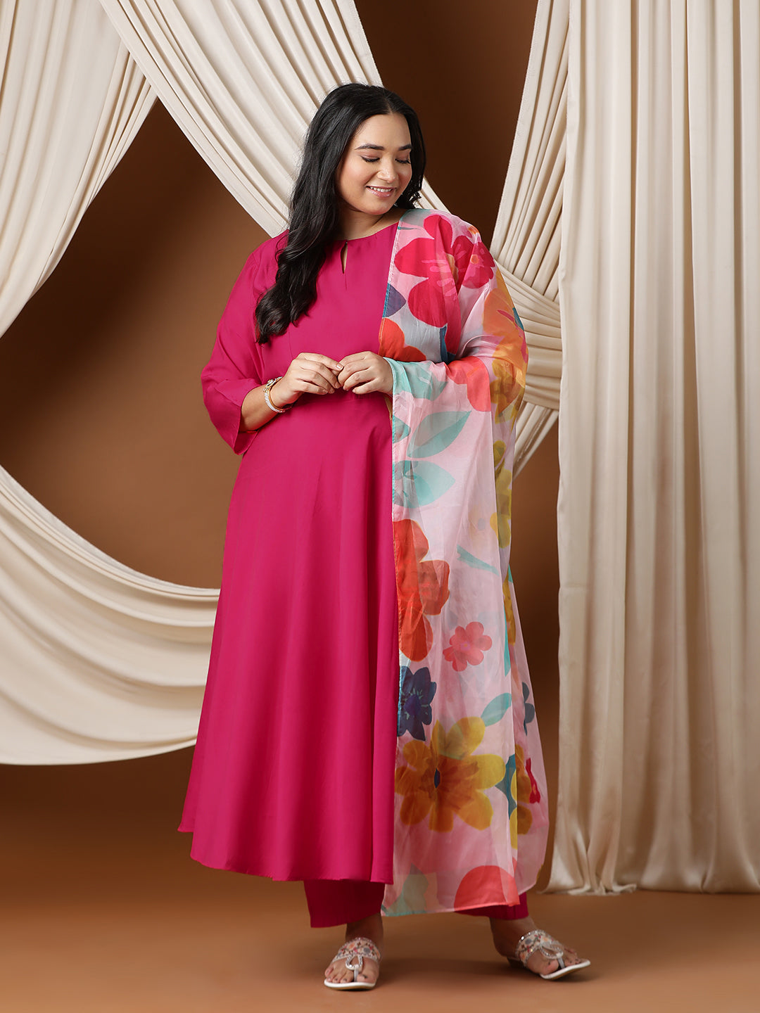 Keyhole Neck Regular A-Line Kurta With Trousers & Dupatta - ID