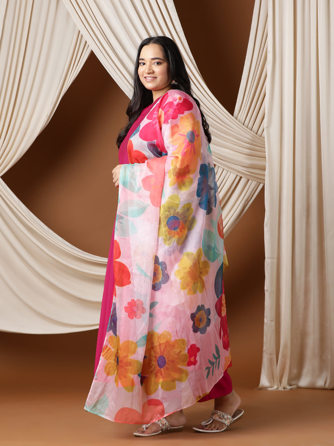 Keyhole Neck Regular A-Line Kurta With Trousers & Dupatta - ID