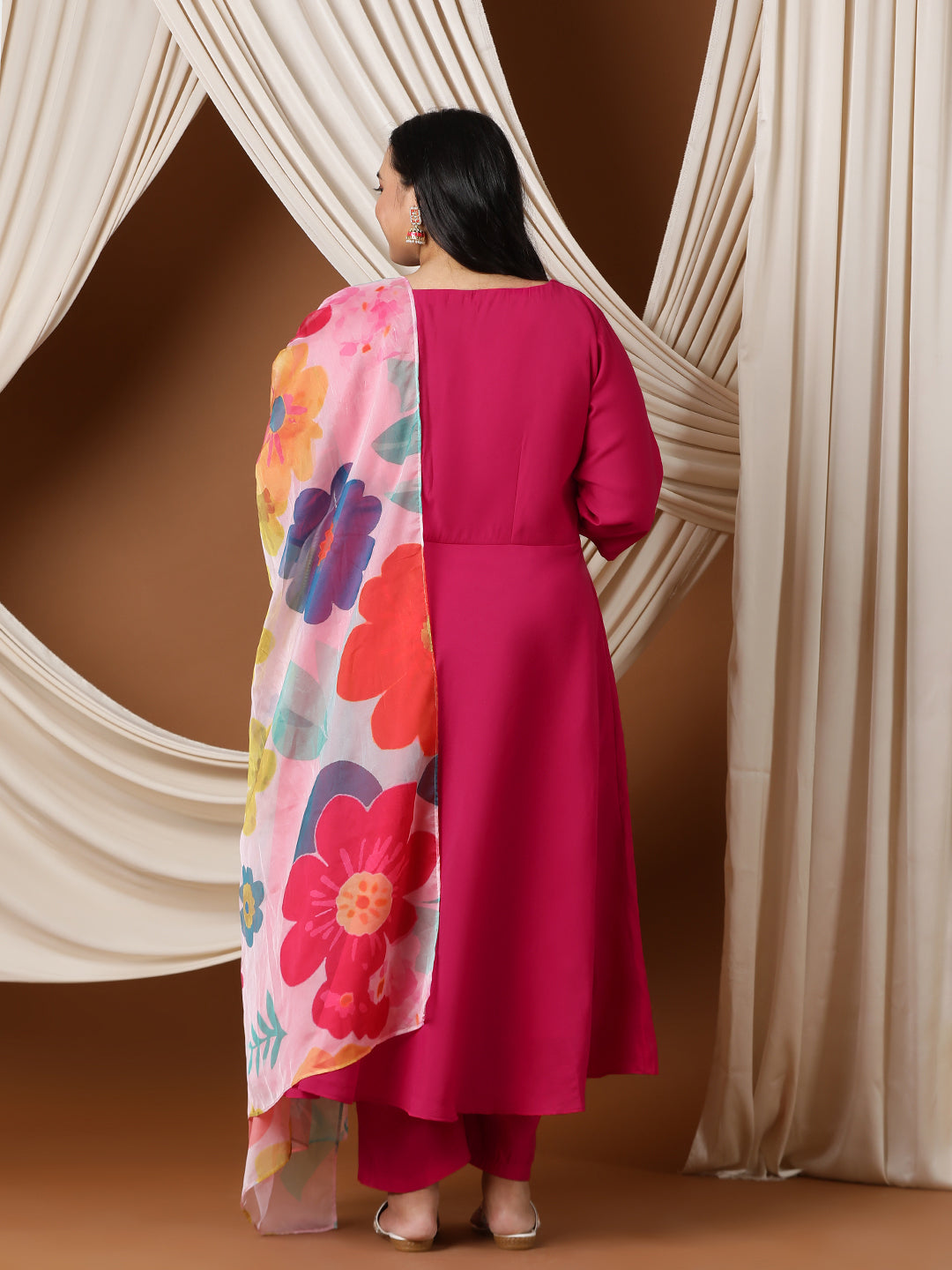 Keyhole Neck Regular A-Line Kurta With Trousers & Dupatta - ID