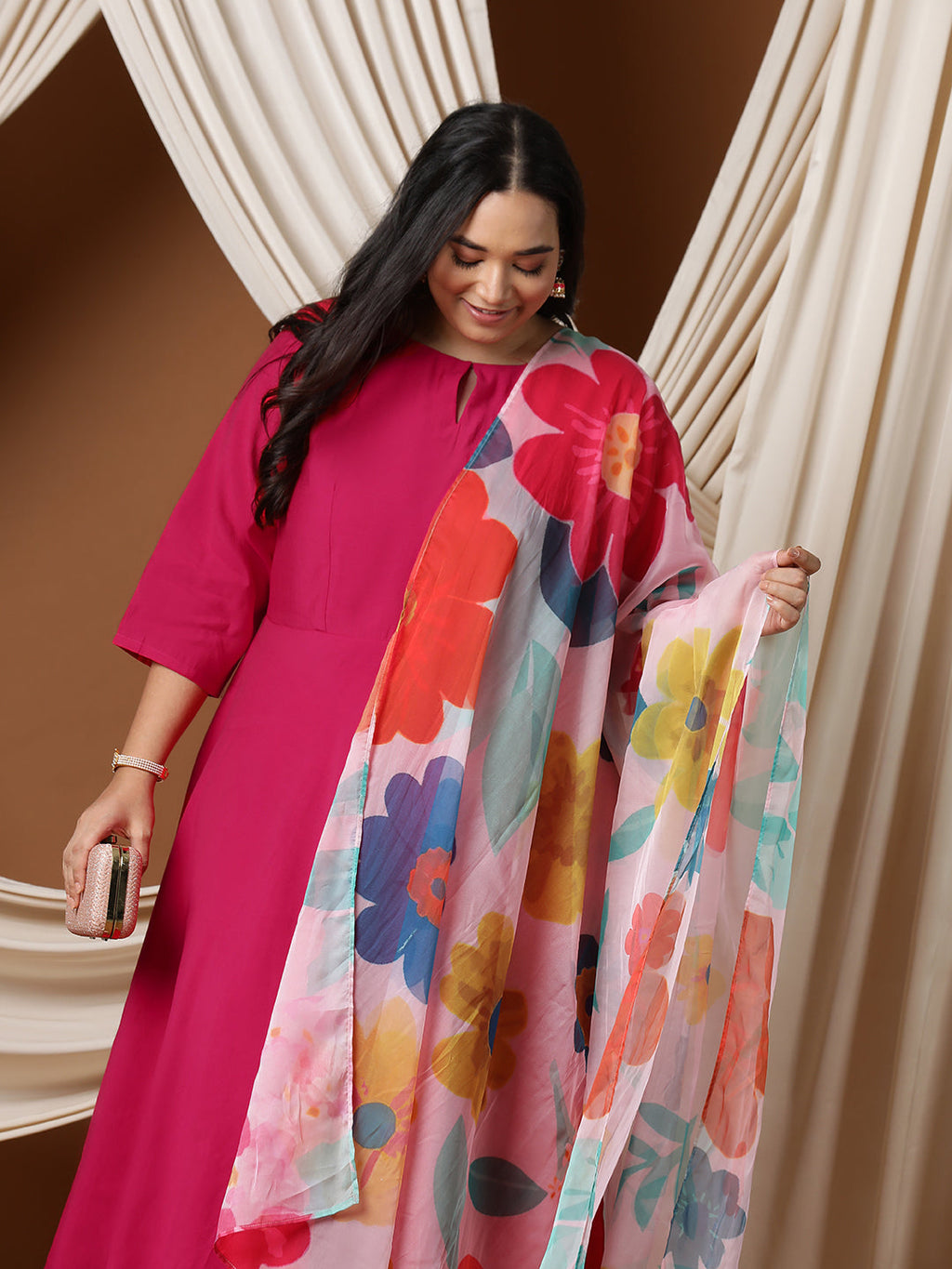 Keyhole Neck Regular A-Line Kurta With Trousers & Dupatta - ID