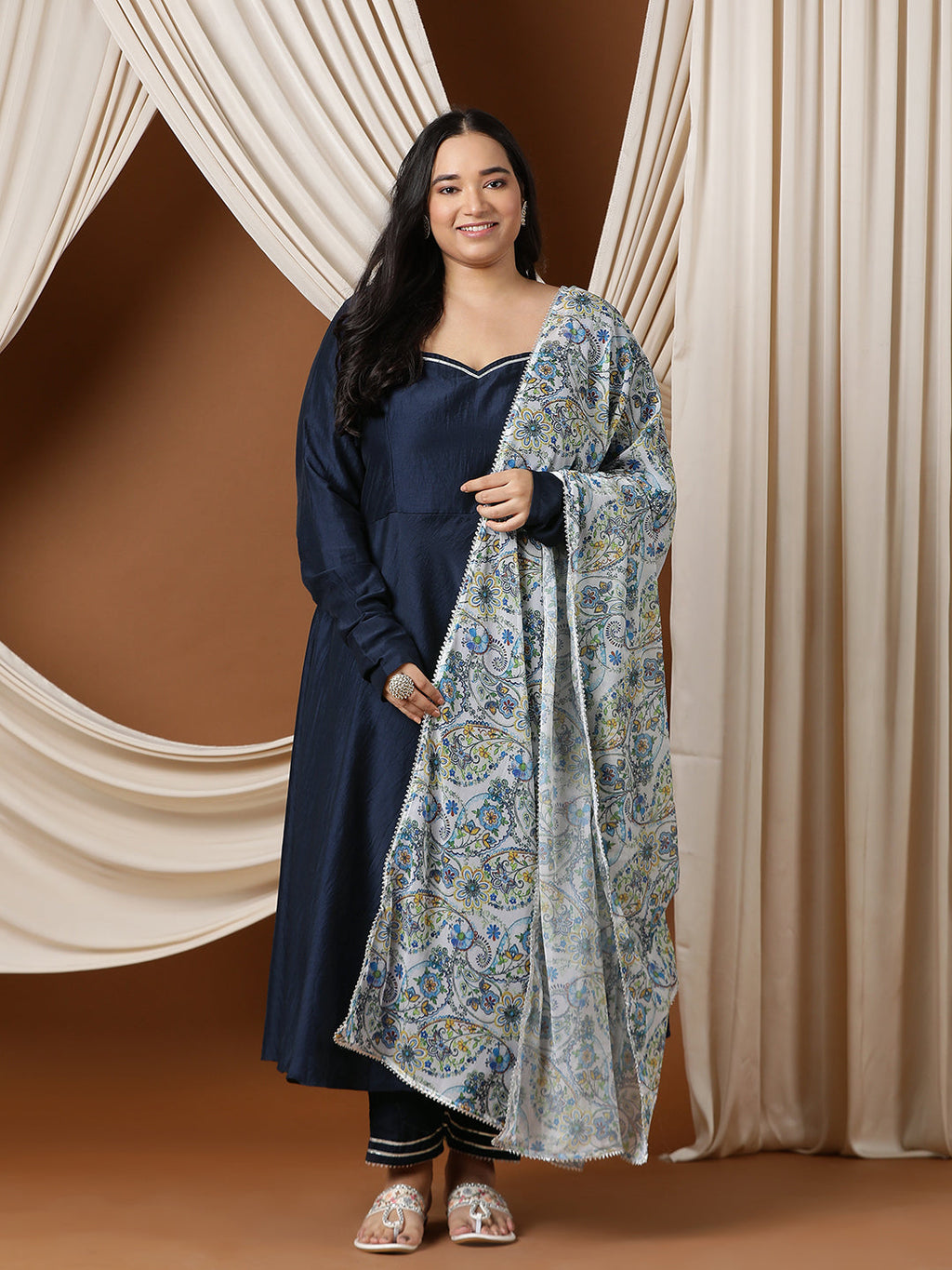 Sweetheart Neck A-Line Kurta & Trousers With Dupatta - ID