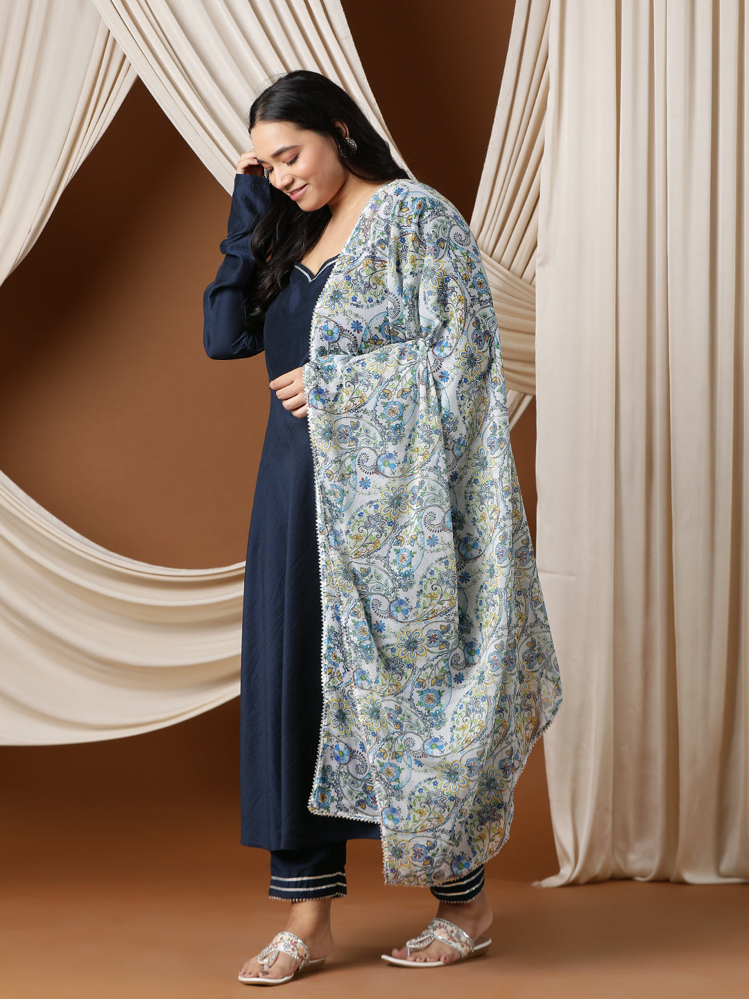 Sweetheart Neck A-Line Kurta & Trousers With Dupatta - ID