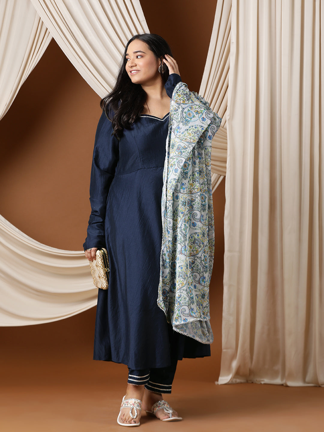 Sweetheart Neck A-Line Kurta & Trousers With Dupatta - ID