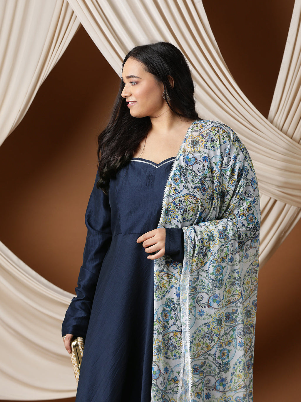 Sweetheart Neck A-Line Kurta & Trousers With Dupatta - ID