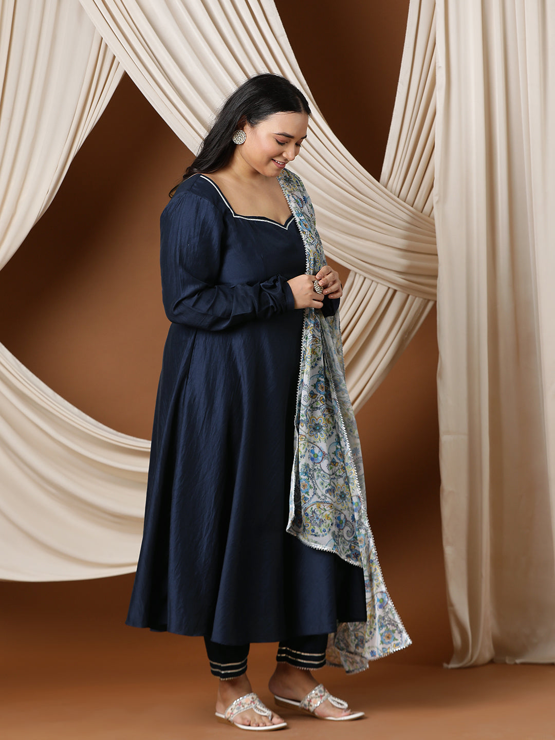 Sweetheart Neck A-Line Kurta & Trousers With Dupatta - ID