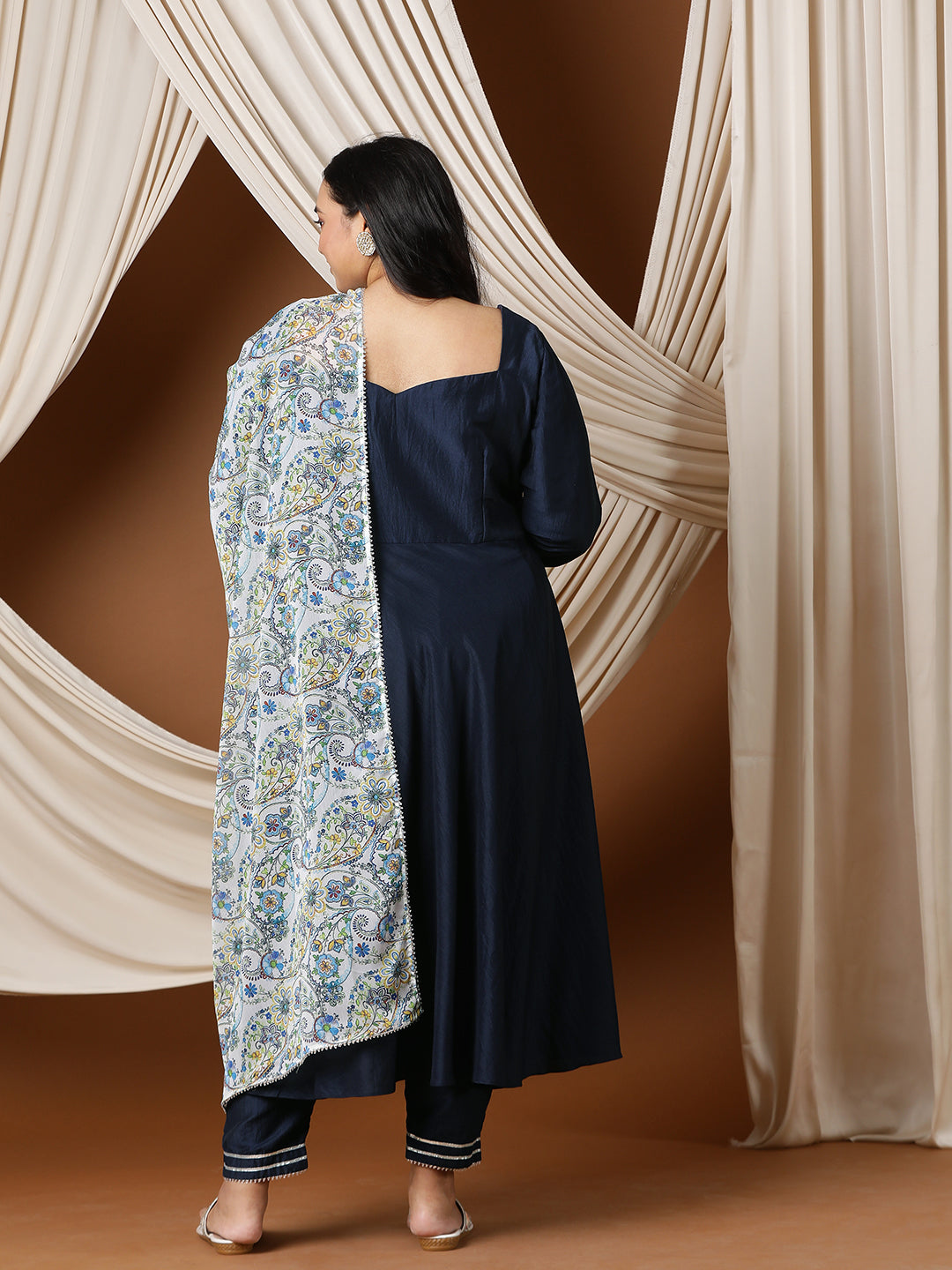 Sweetheart Neck A-Line Kurta & Trousers With Dupatta - ID