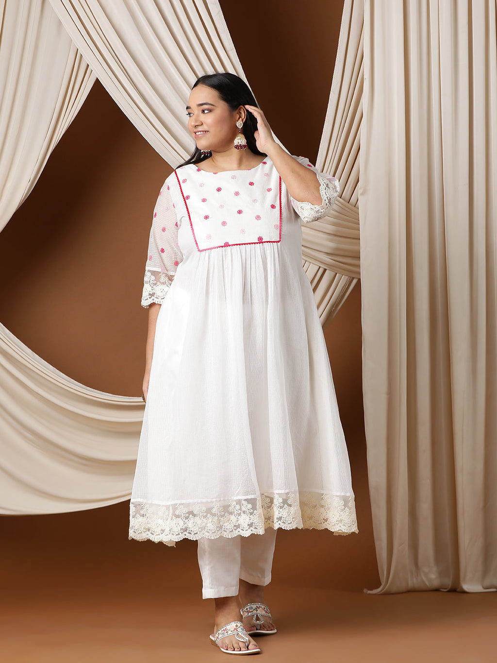 Floral Embroidered A line Kurta with Trousers - ID