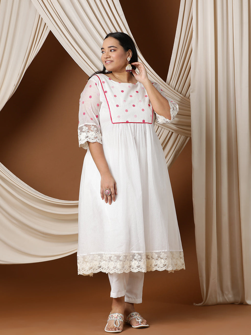 Floral Embroidered A line Kurta with Trousers - ID