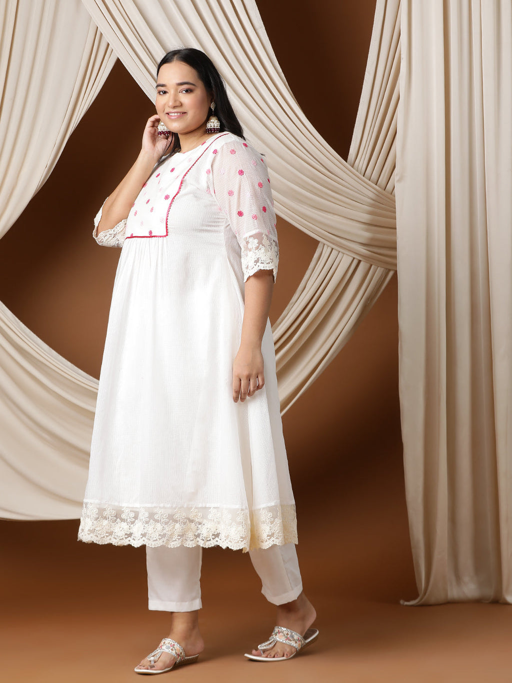Floral Embroidered A line Kurta with Trousers - ID