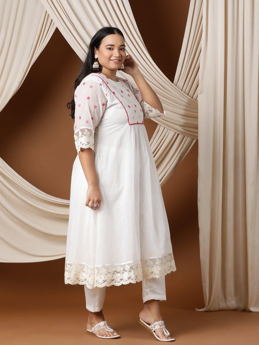 Floral Embroidered A line Kurta with Trousers - ID