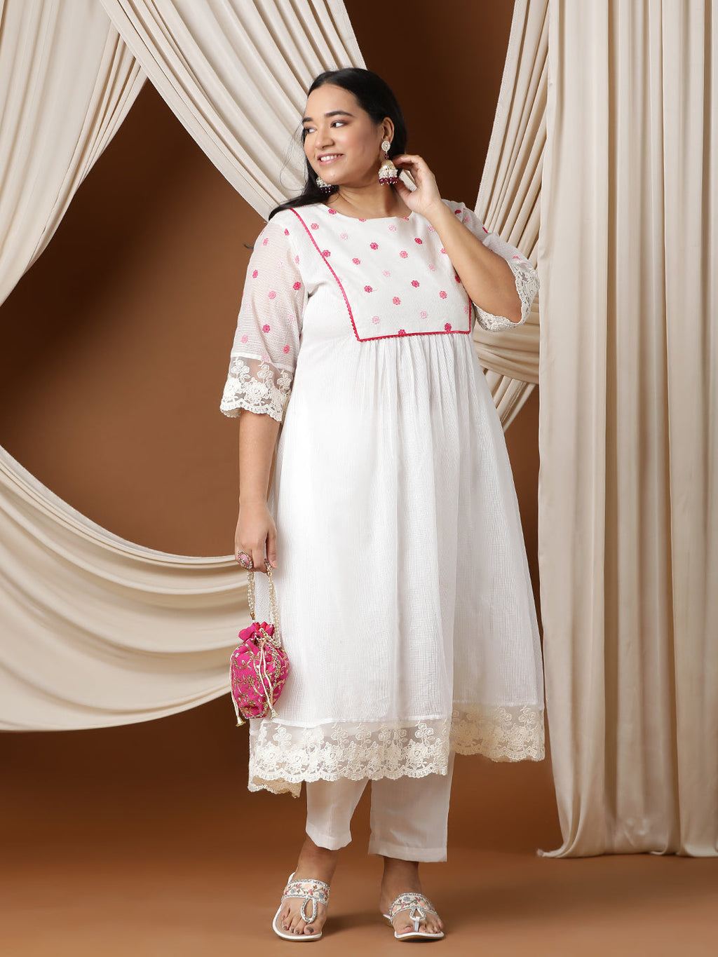 Floral Embroidered A line Kurta with Trousers - ID
