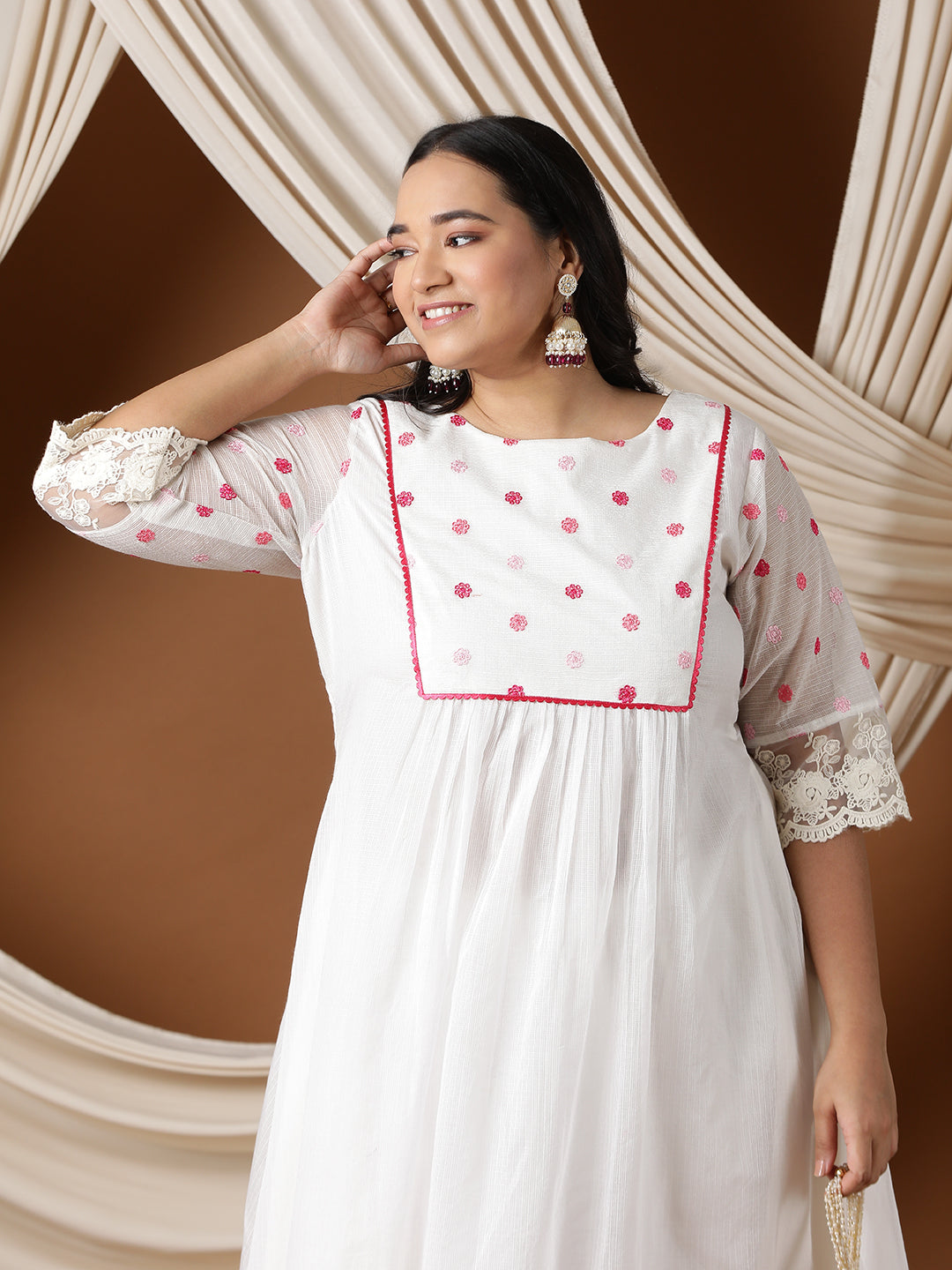 Floral Embroidered A line Kurta with Trousers - ID