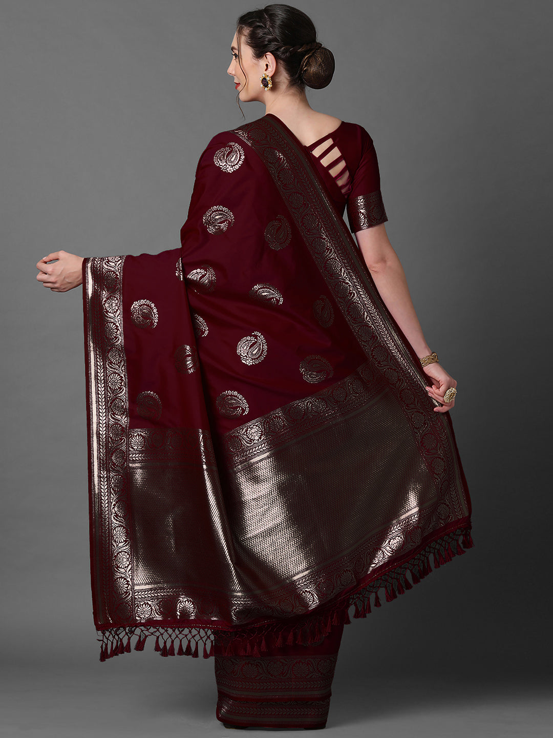 Silk Blend Brown Woven Design Celebrity Saree With Blouse