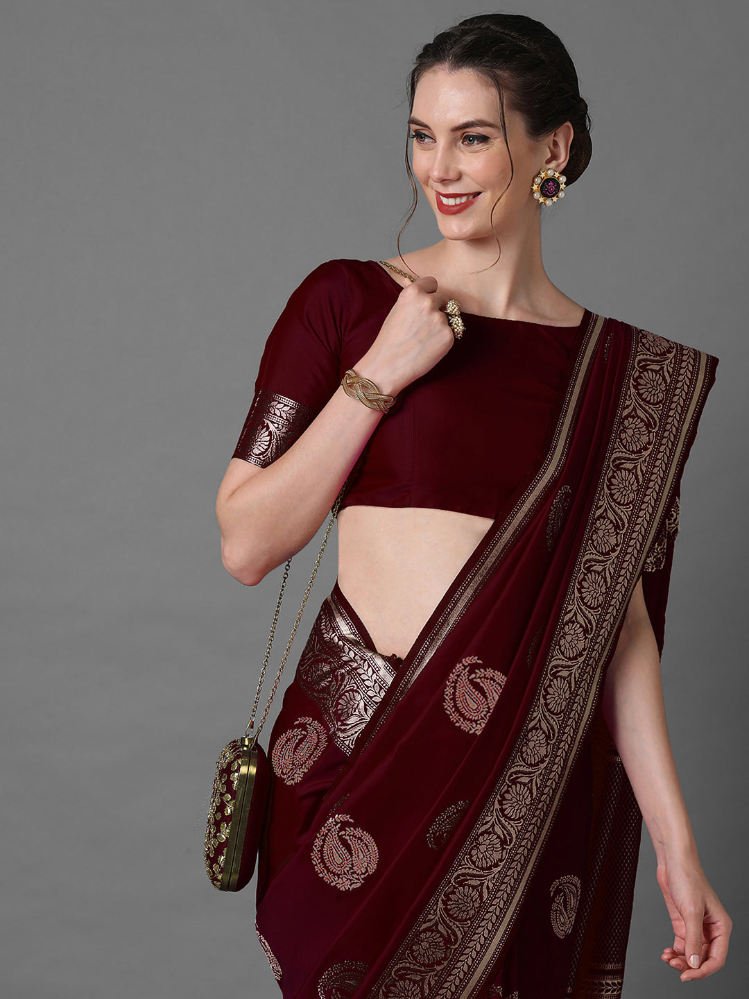 Silk Blend Brown Woven Design Celebrity Saree With Blouse