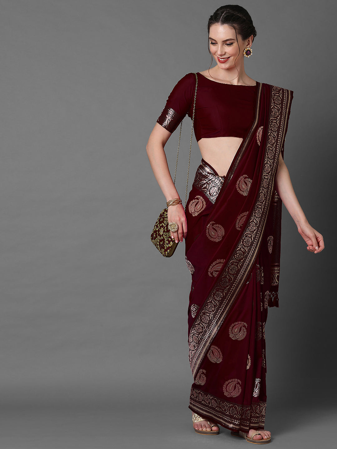 Silk Blend Brown Woven Design Celebrity Saree With Blouse