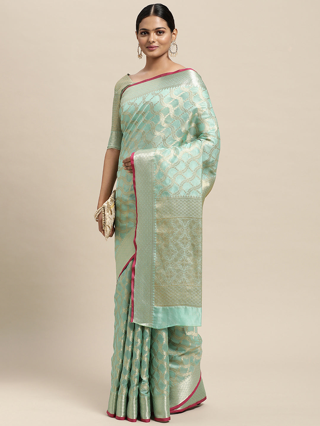 Silk Blend SeaGreen WovenDesign DesignerSaree With Blouse Piece