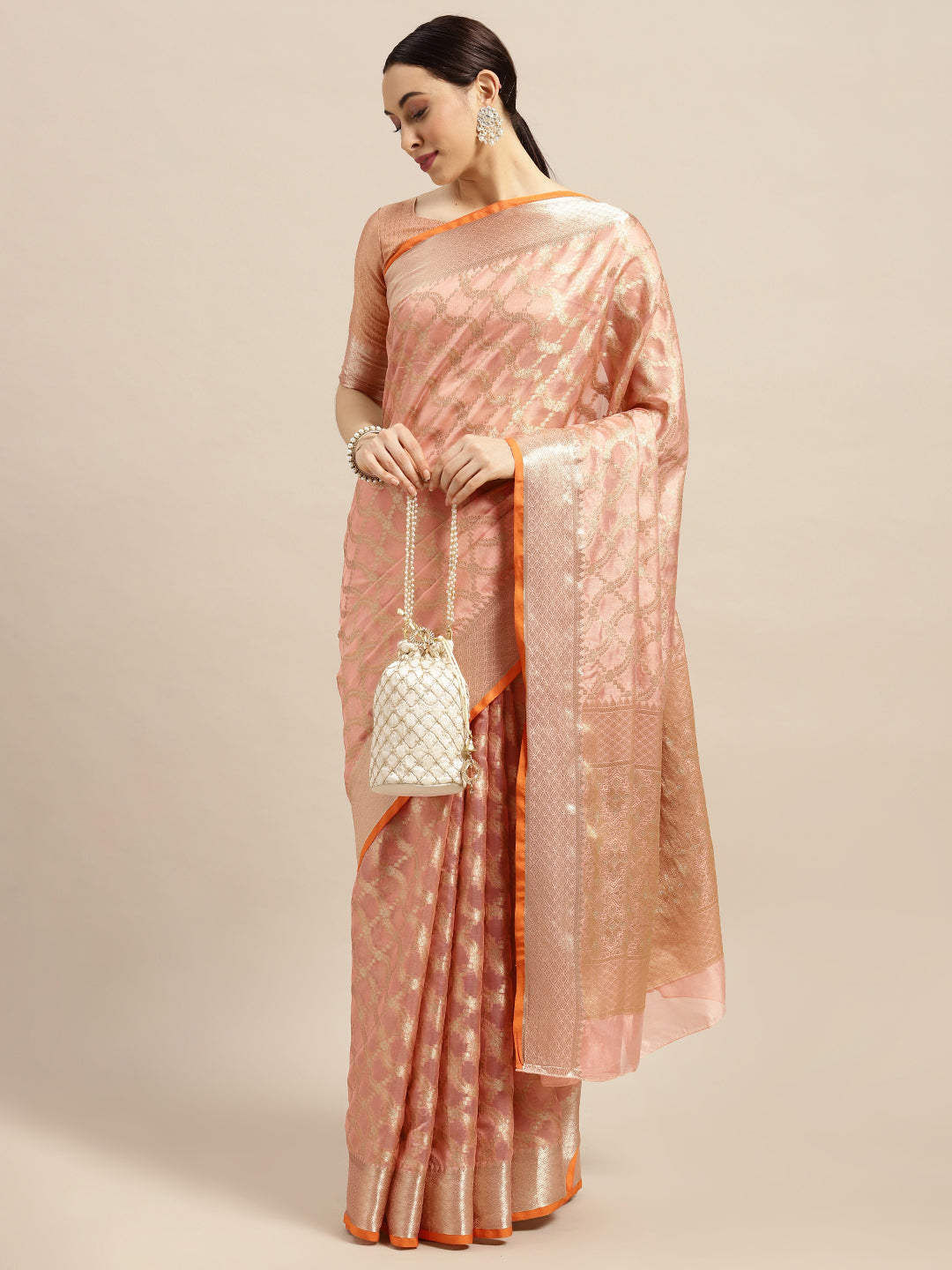 Silk Blend Peach WovenDesign DesignerSaree With Blouse Piece