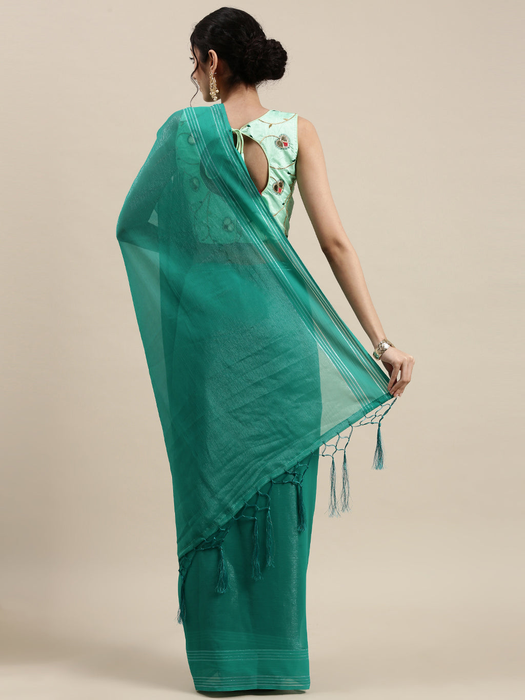 Georgette SeaGreen Solid DesignerSaree With Blouse Piece