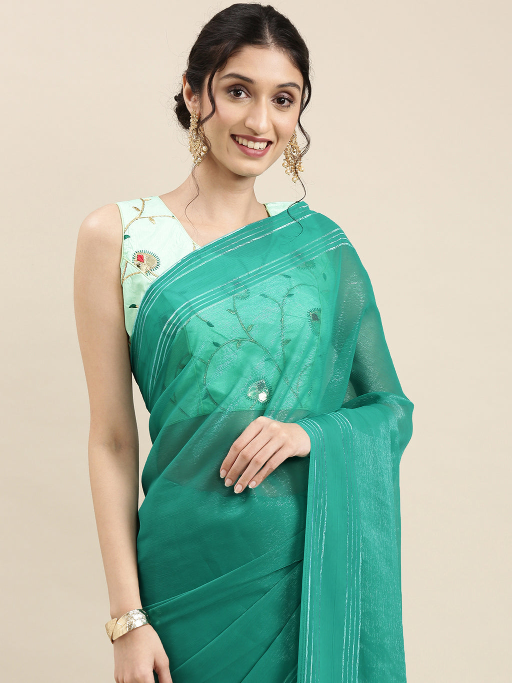 Georgette SeaGreen Solid DesignerSaree With Blouse Piece