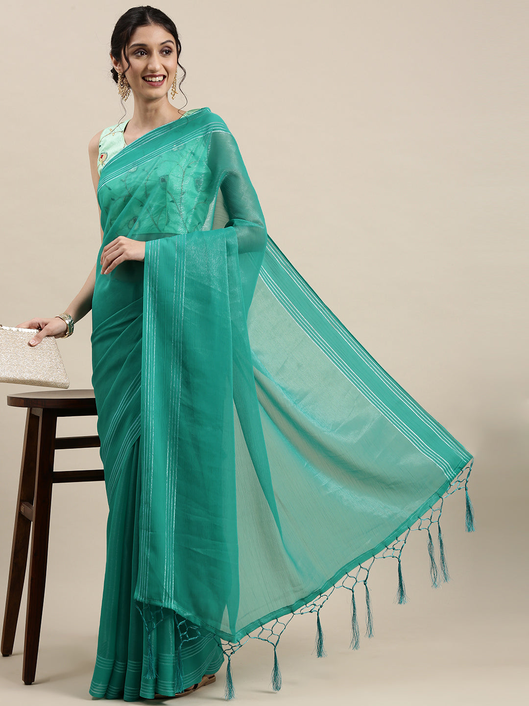 Georgette SeaGreen Solid DesignerSaree With Blouse Piece