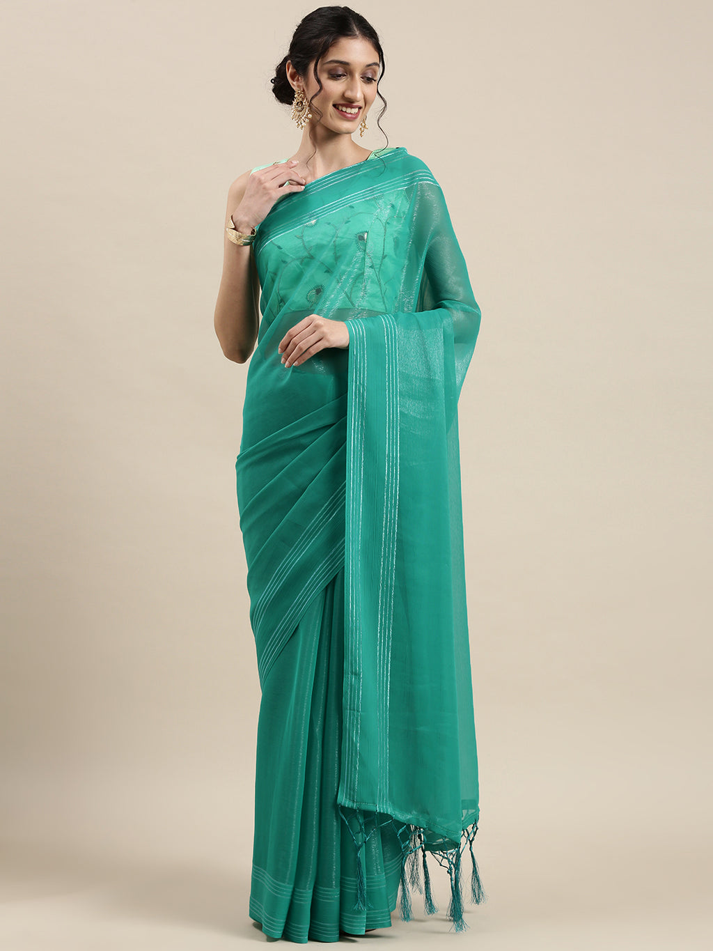 Georgette SeaGreen Solid DesignerSaree With Blouse Piece
