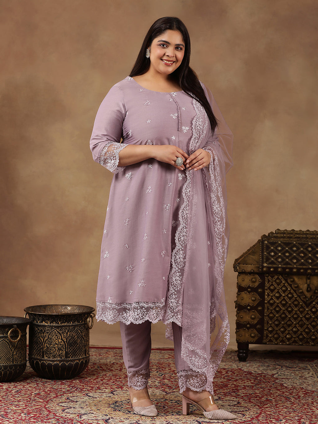 Plus Size Floral Embroidered Thread Work A-Line Kurta With Trousers & Dupatta - ID