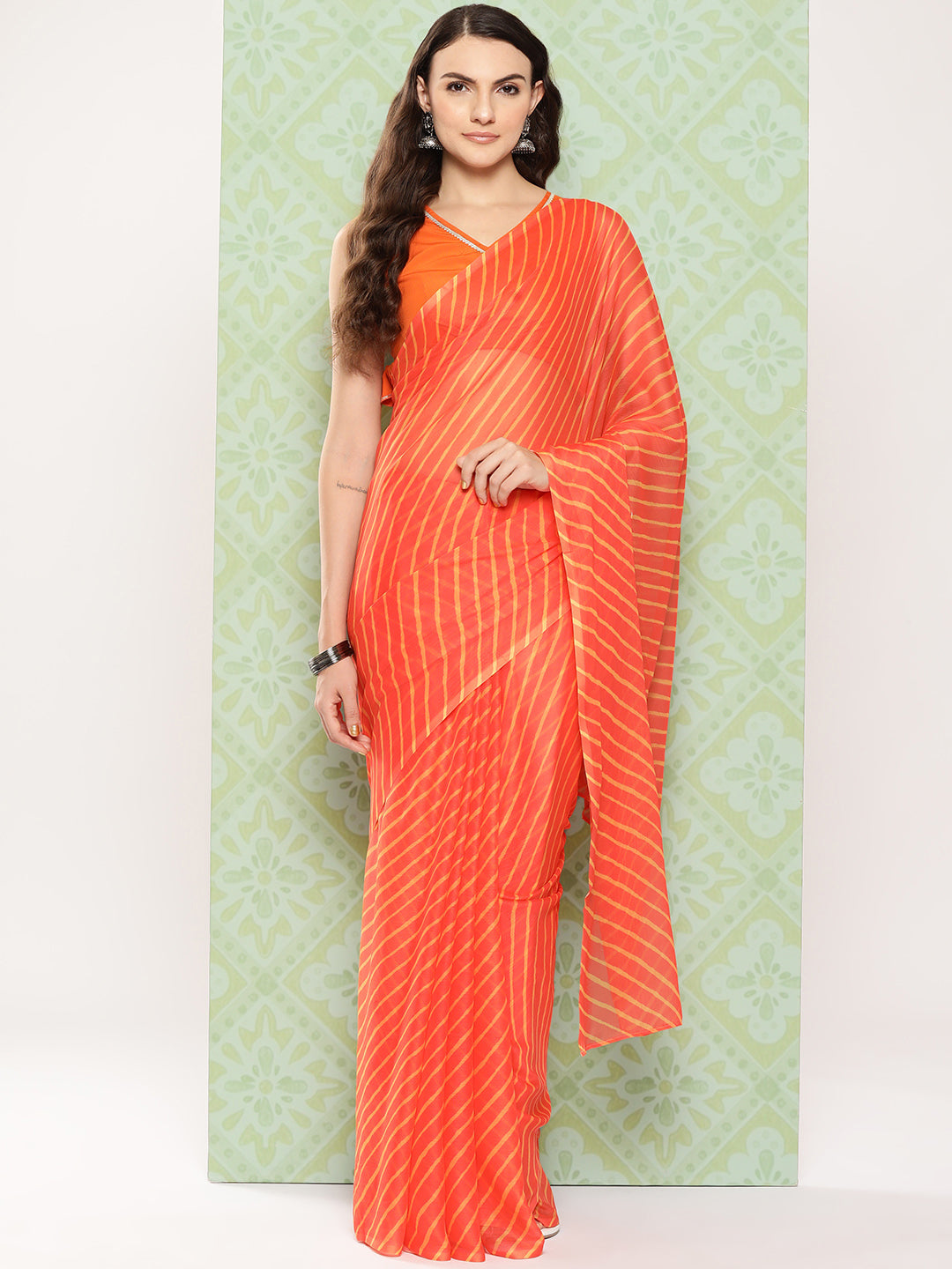 Orange Leheriya Print Poly Chiffon Saree