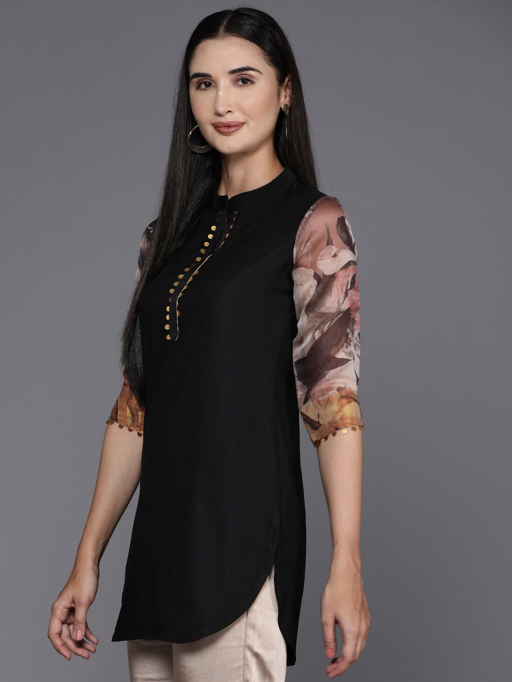 Black & Brown Printed Sequined Tunic-AH