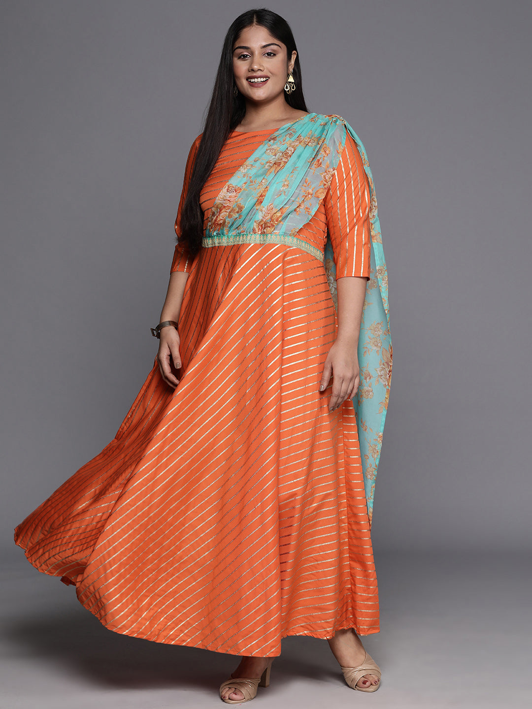 Orange Gold & Green Plus Size Maxi Ethnic Dress