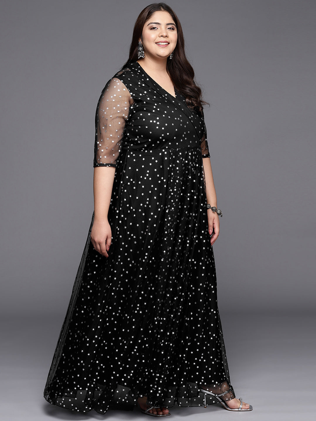 Black & Silver Plus Size Printed Maxi Ethnic Dress-AH