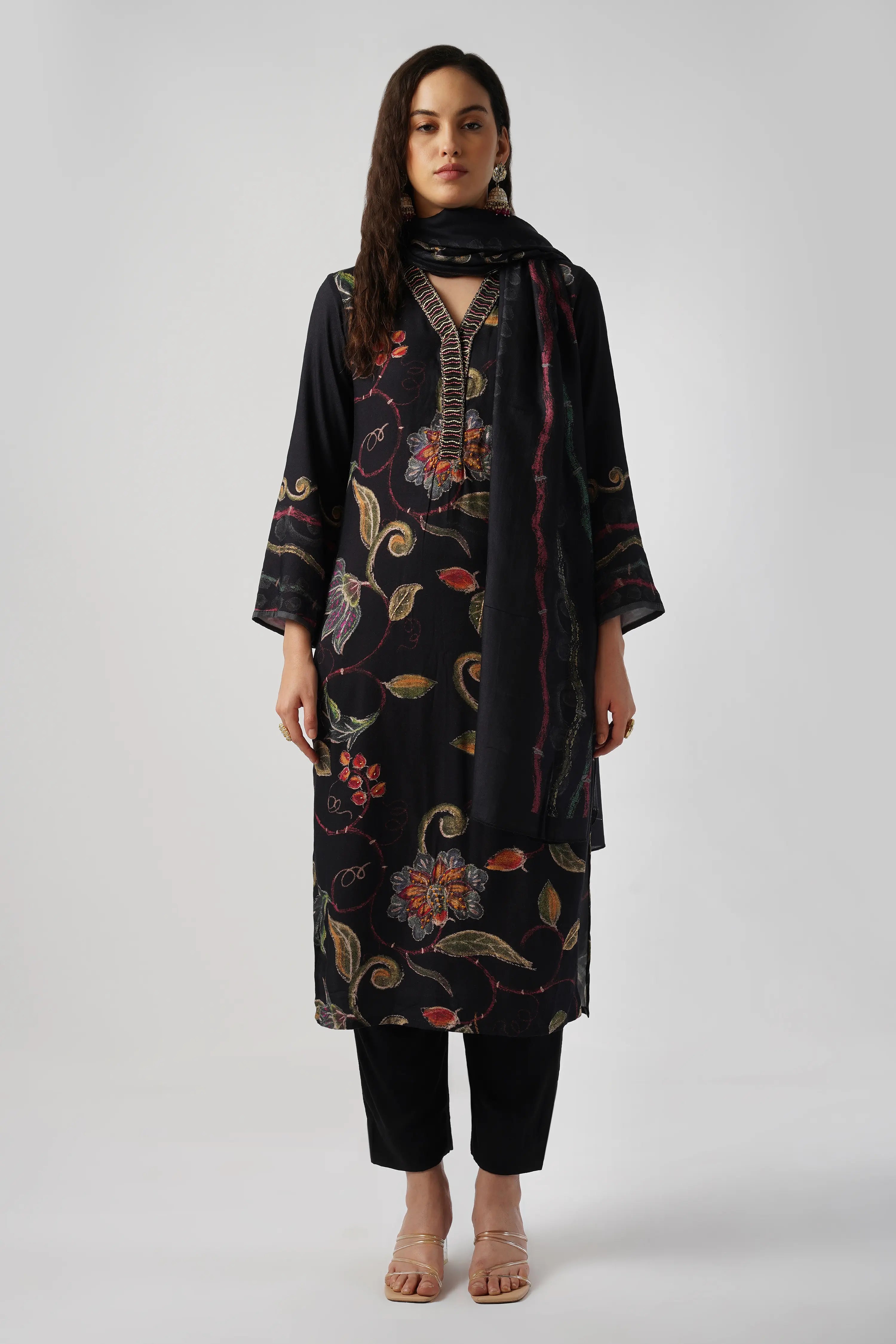 Jet Black Pure Pashmina Wool Designer Kurta Set with Embroidery