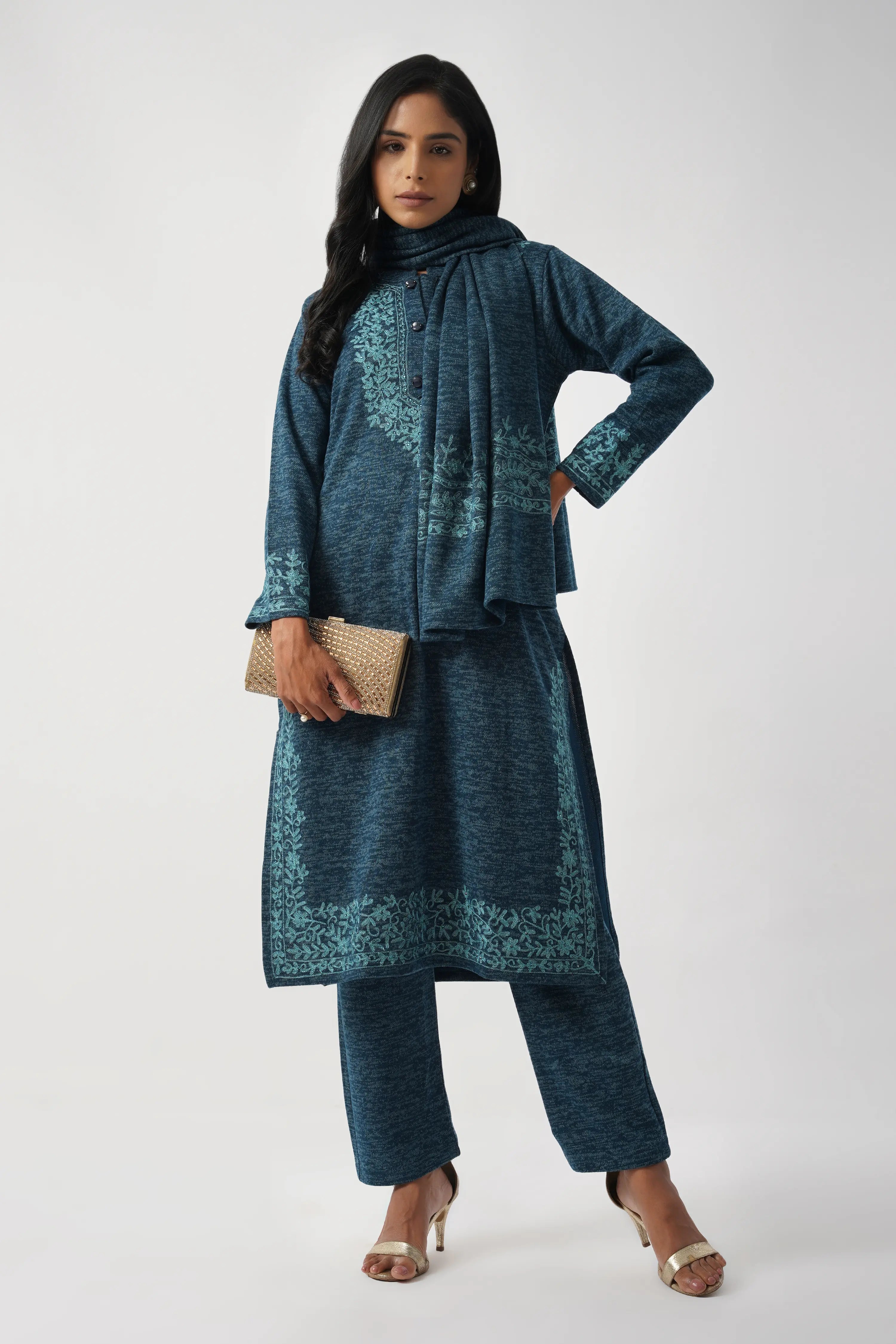 Blue Karachi Wool Handcrafted Kurta Set