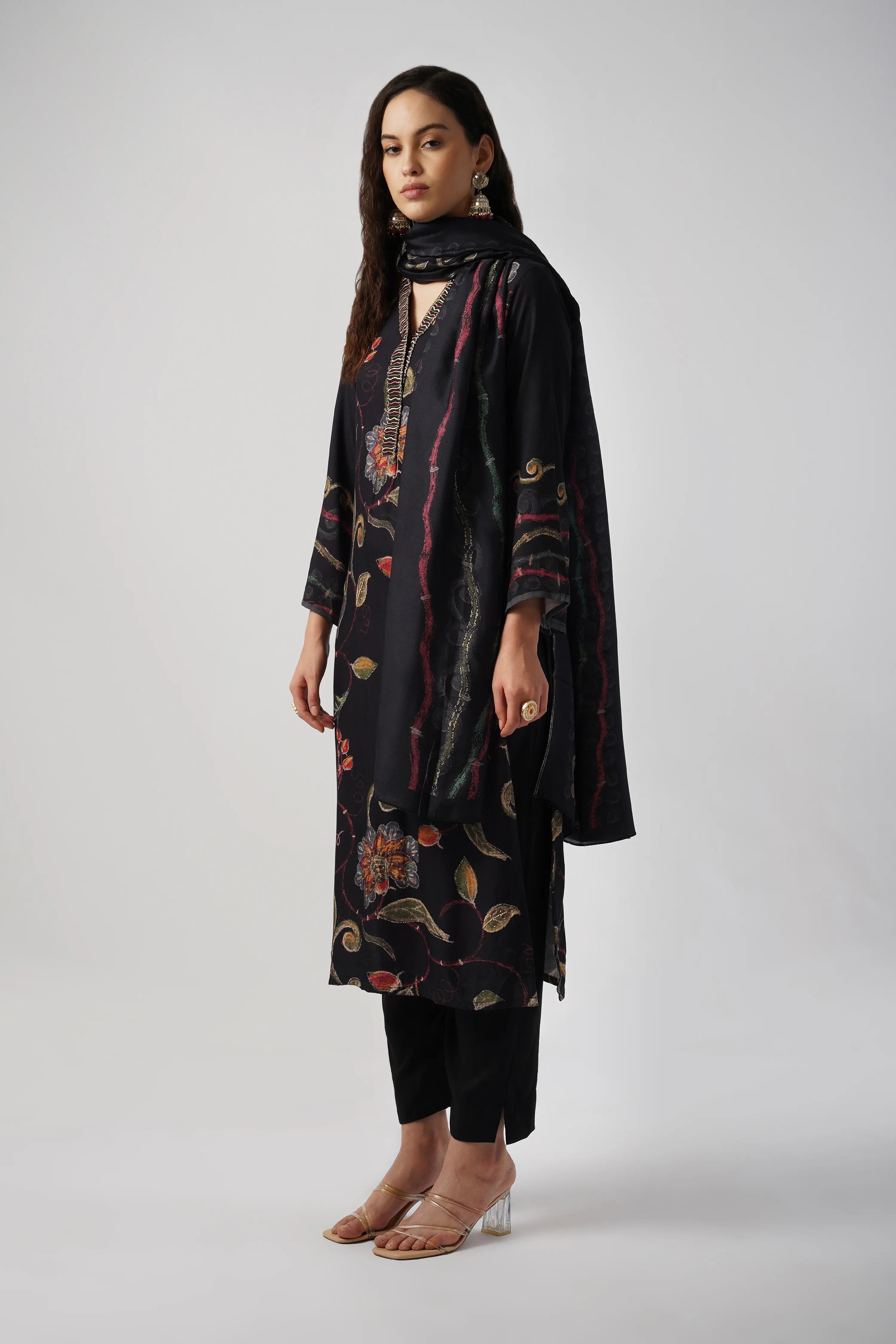 Jet Black Pure Pashmina Wool Designer Kurta Set with Embroidery