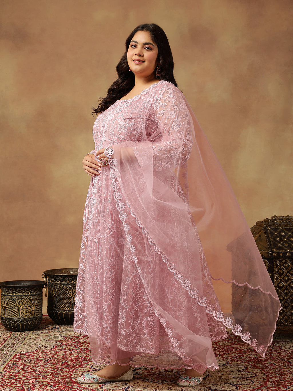 Floral Embroidered Regular Thread Work Anarkali Kurta With Trousers & Dupatta - ID