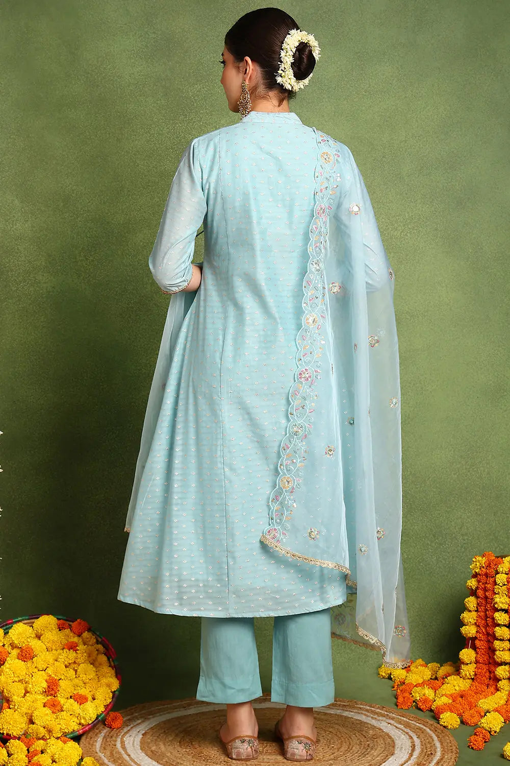 Blue Khari Printed Chanderi Silk Angrakha Kurta