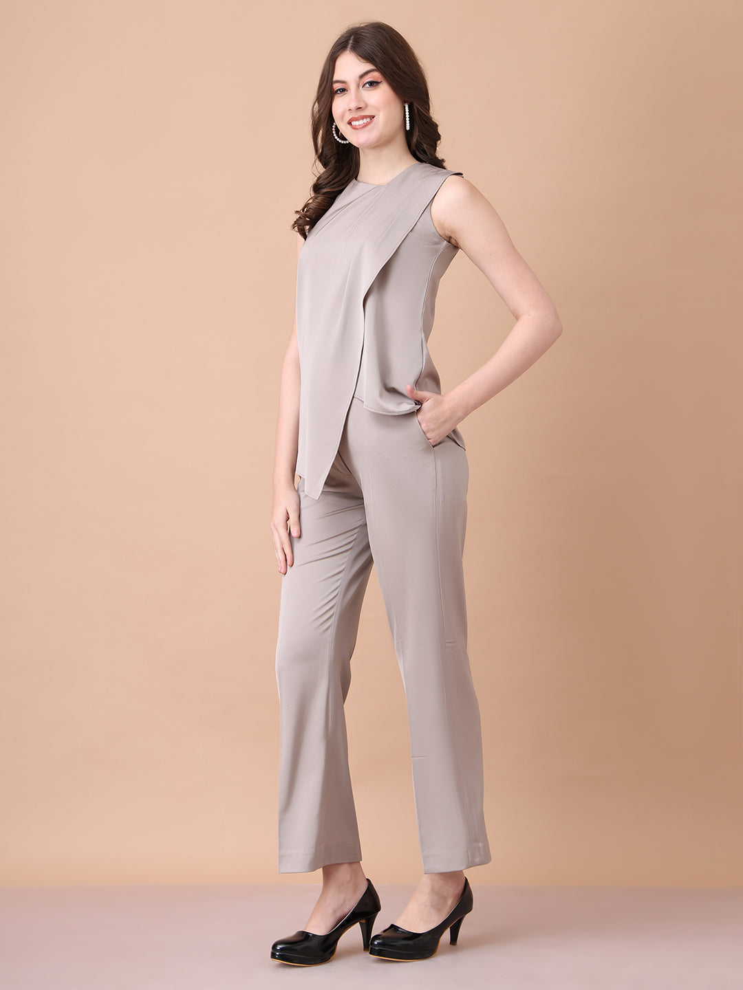 Exude Unbreakable Soft Matt Satin Overlay Sleeveless Top Paired With Straight Fit Trousers