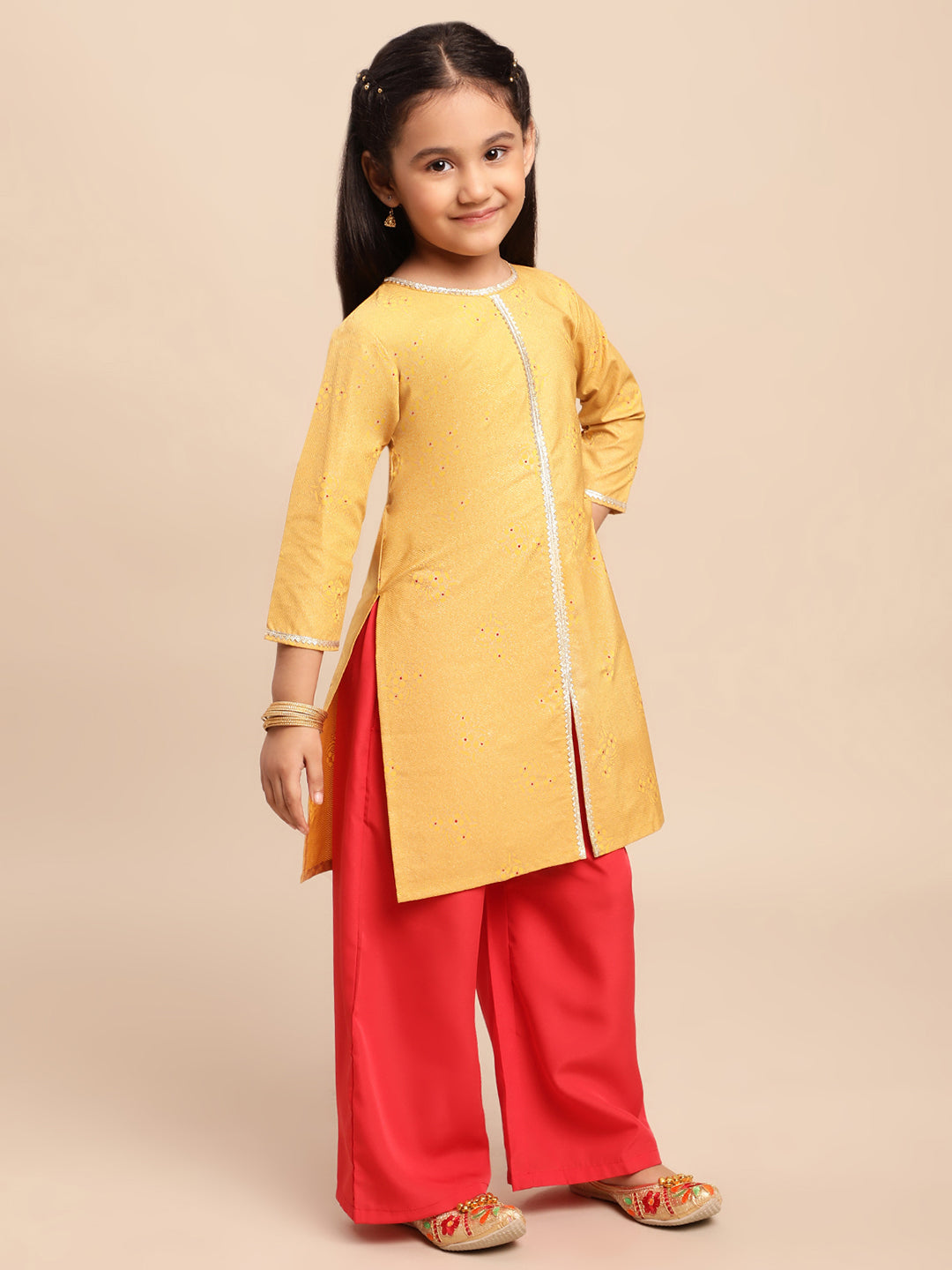 Mustard Yellow & Red Printed Girls Kurta Set