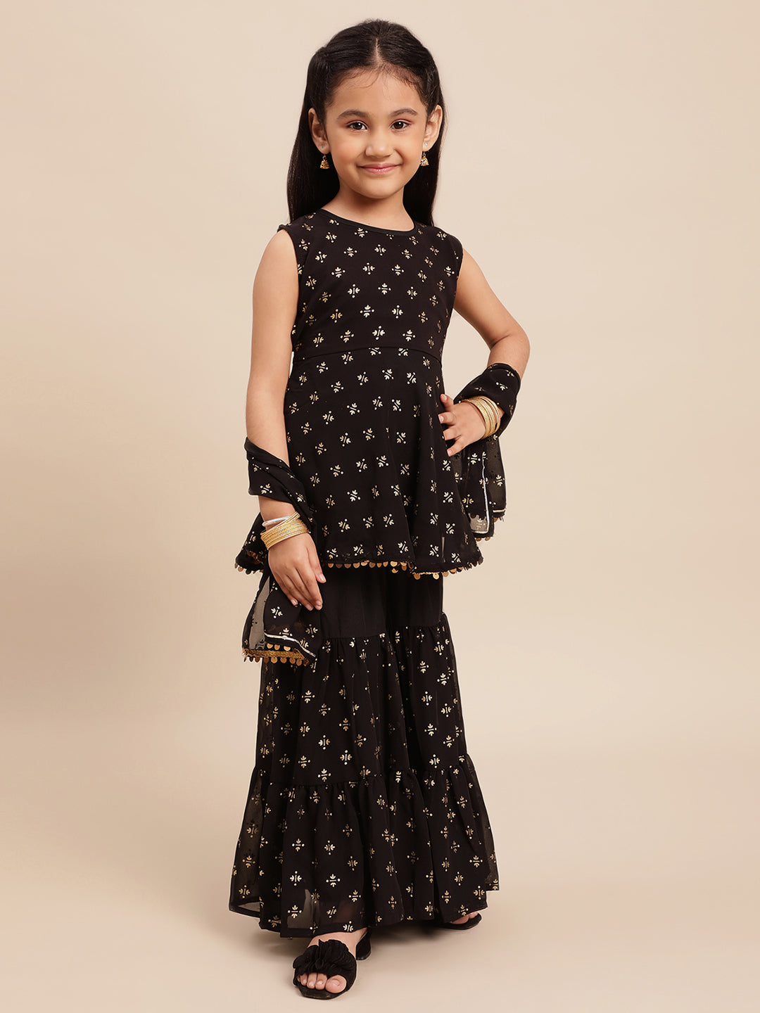 Black Georgette Gold Foil Print Girls Peplum style Sharara Set With Dupatta