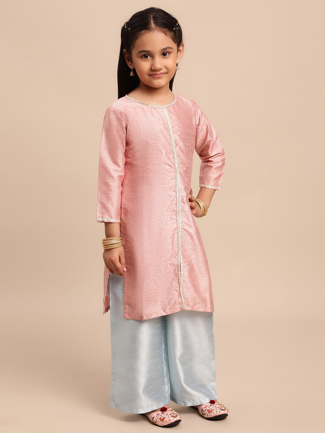 Pink Poly Silk Girls Kurta Set