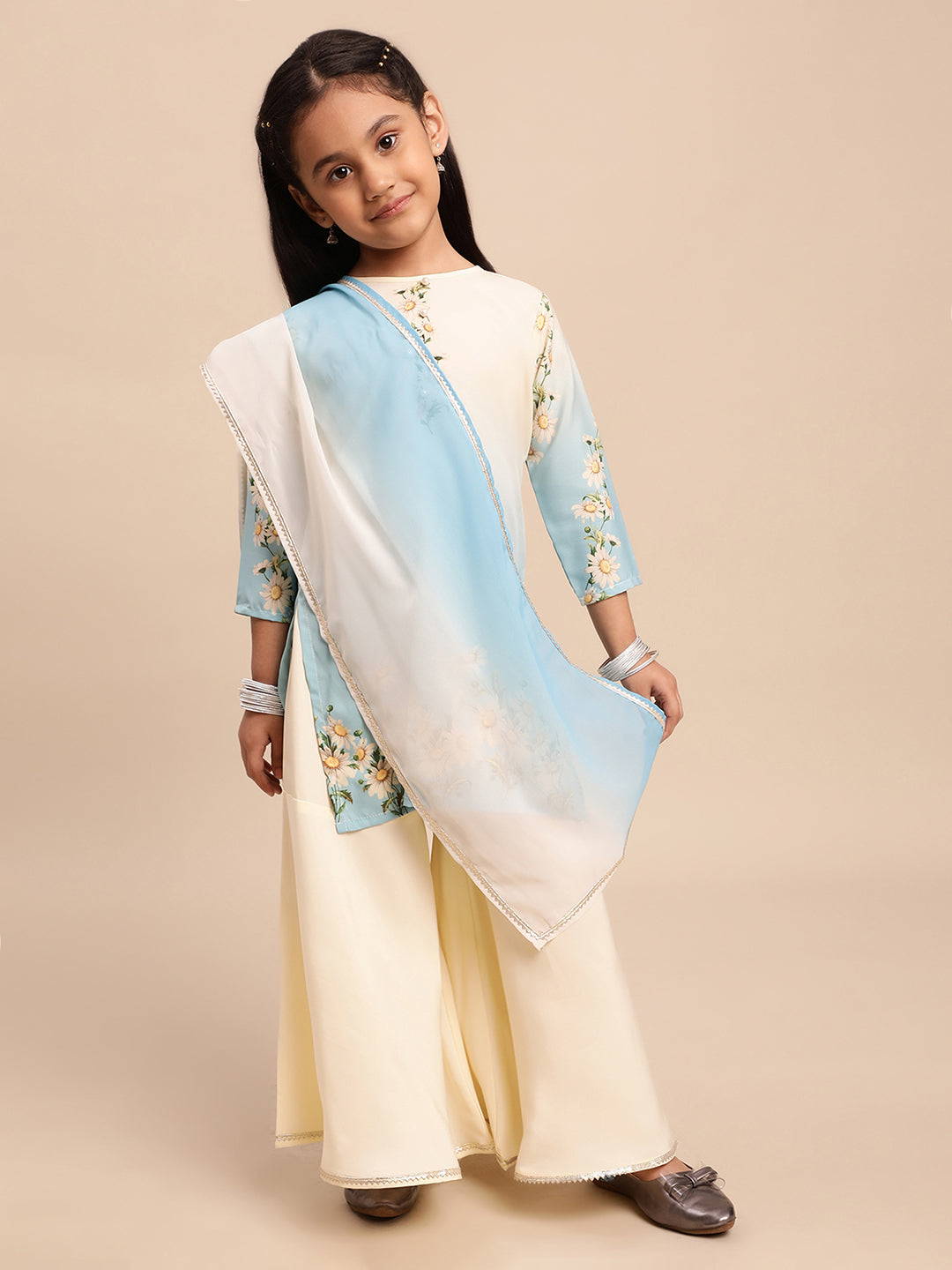 Beige & Blue Floral Printed Girls Kurta Set