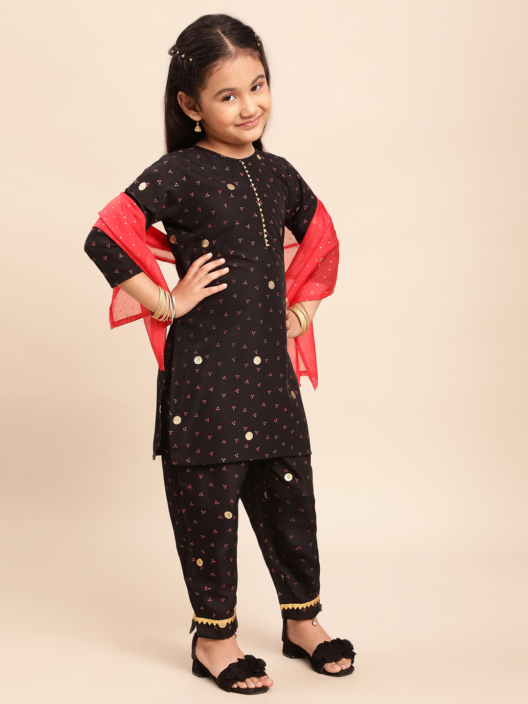 Black & Red Printed Girl's Kurta Sets