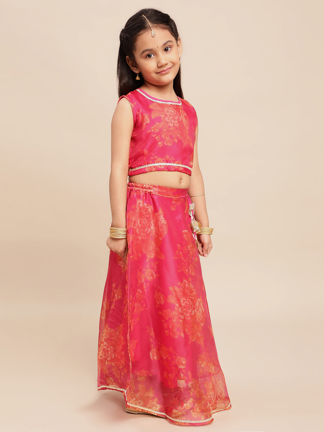 Pink Organza Digital Print Girls Lehenga Choli