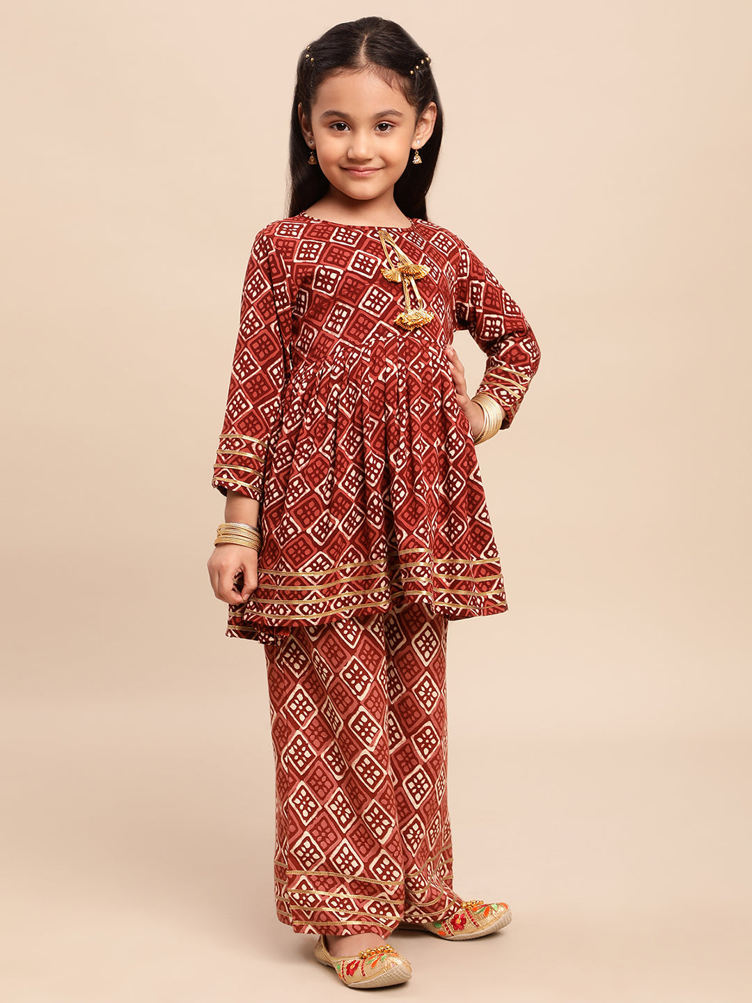 Maroon Printed Rayon Girls Kurta Set