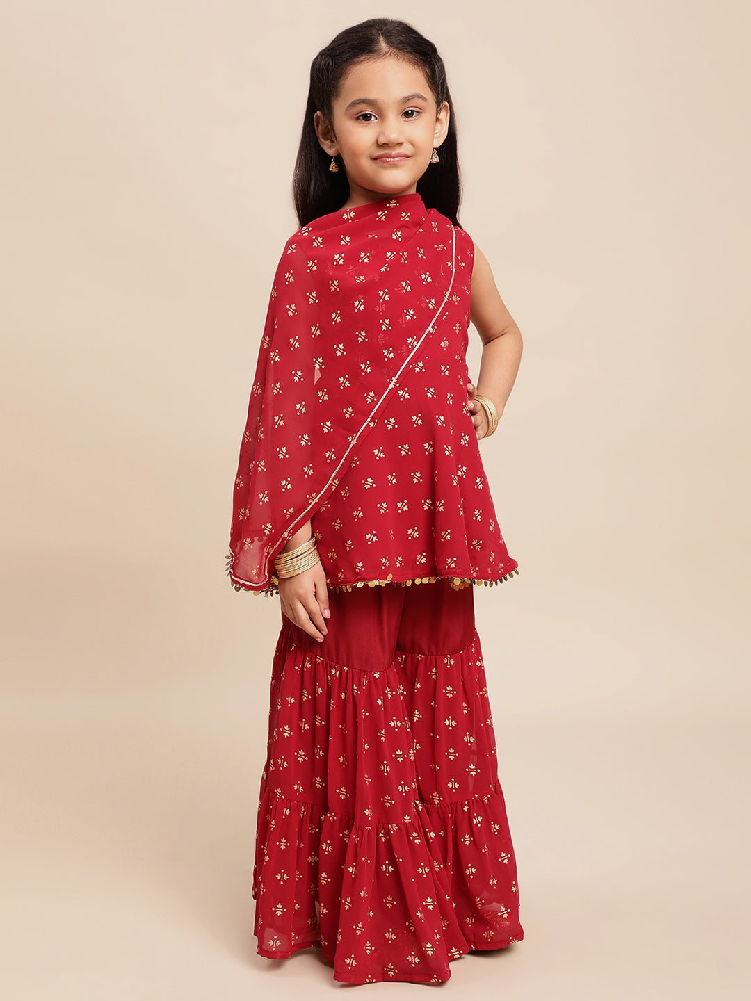 Maroon & Gold Foil Print Girls Peplum style Sharara Set With Dupatta