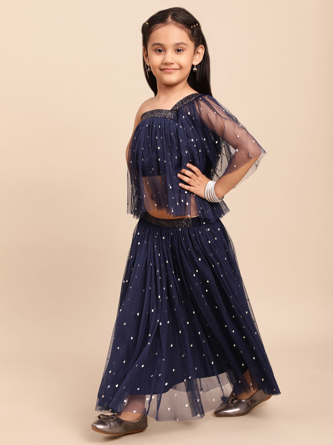 Navy Blue Net Asymmetric Girl's Kurta Sets