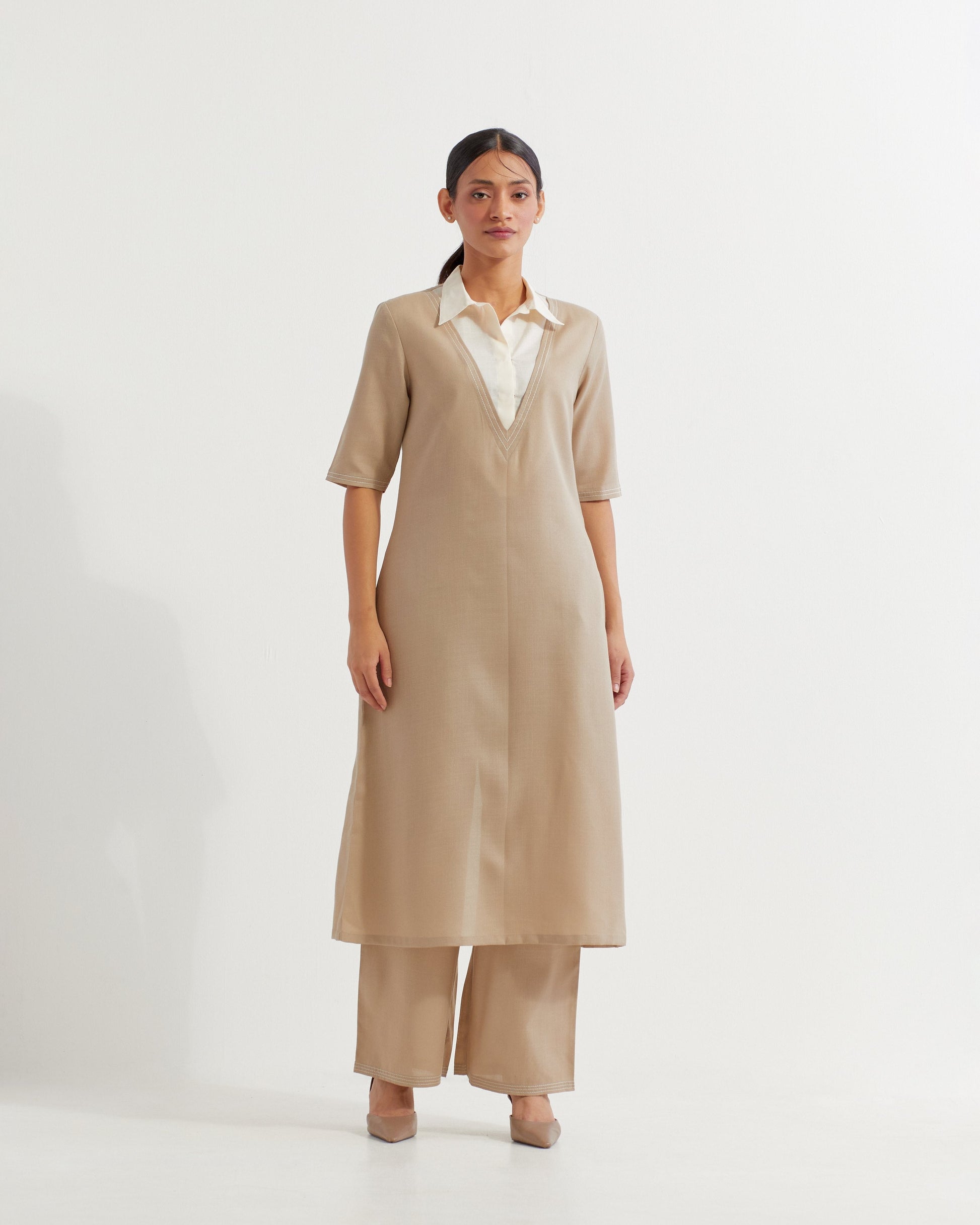 Beige Collared Co-ord Set (Set of 2)- IC