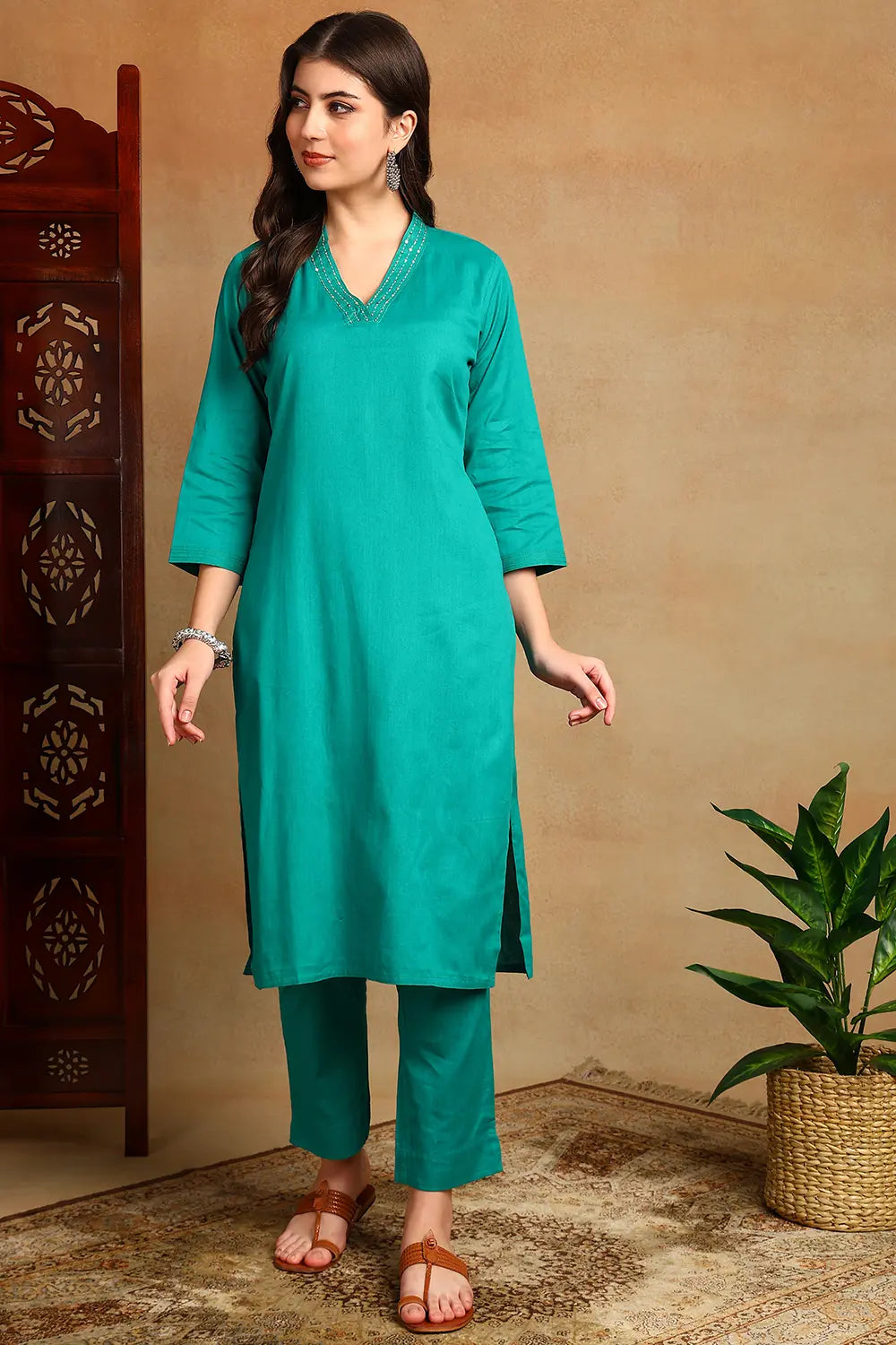 Teal Blue Embroidered Flax Linen Kurta