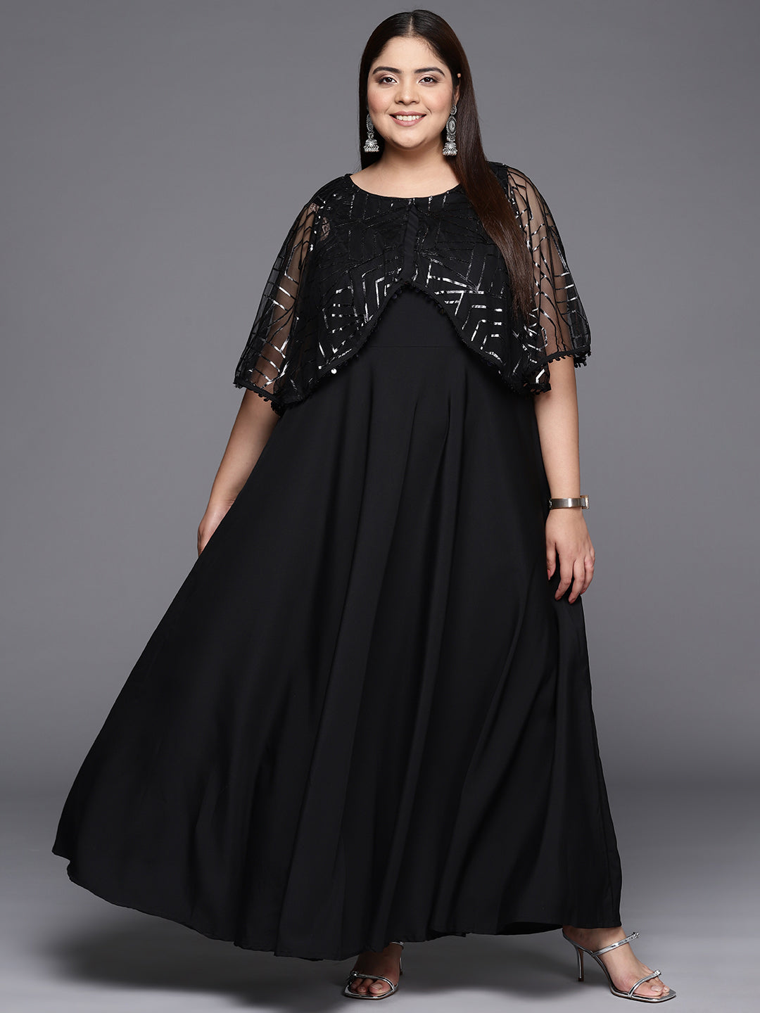 Black Geometric Print Plus Size A-line Maxi Ethnic Dress-AH